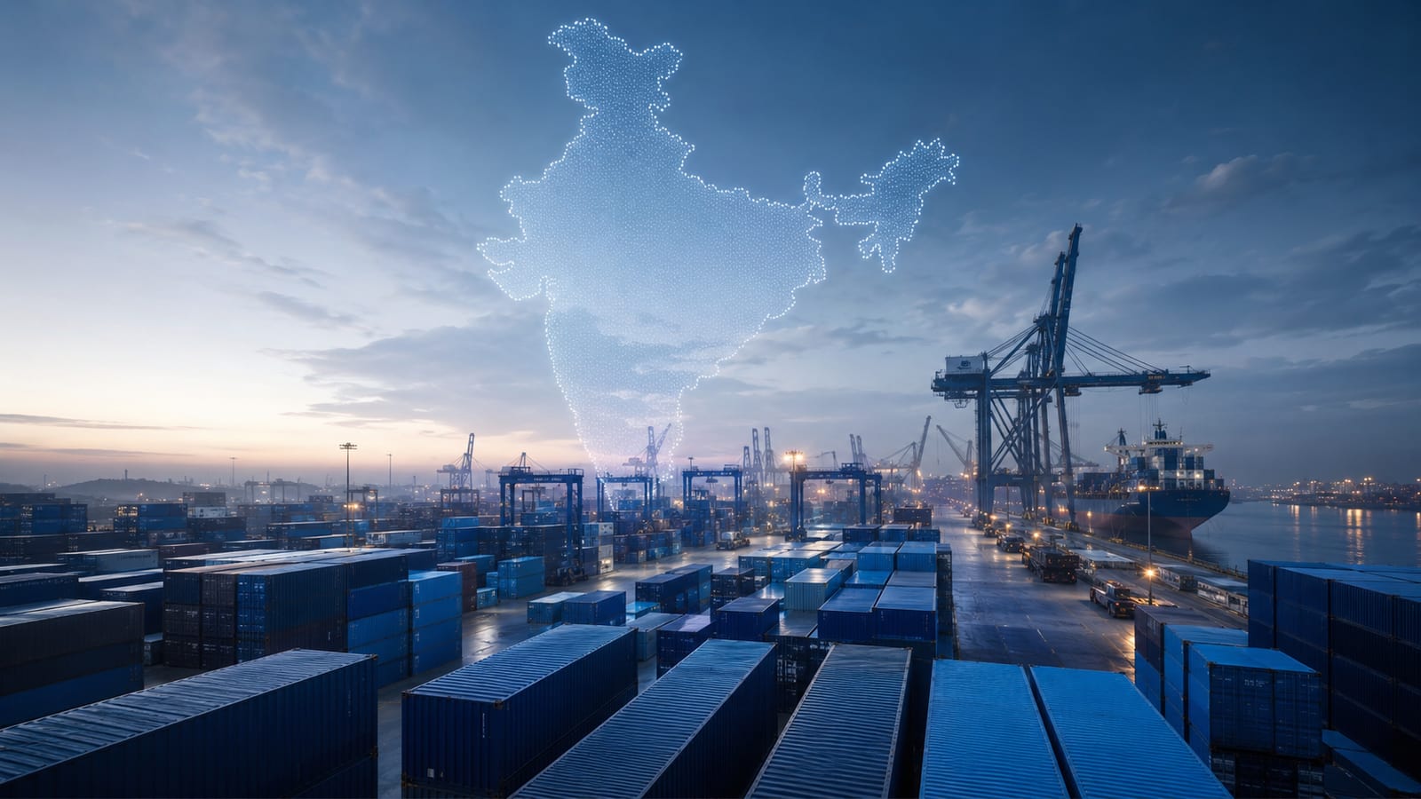 Container port at dawn with a glowing dotted map of India - importing electronics into India