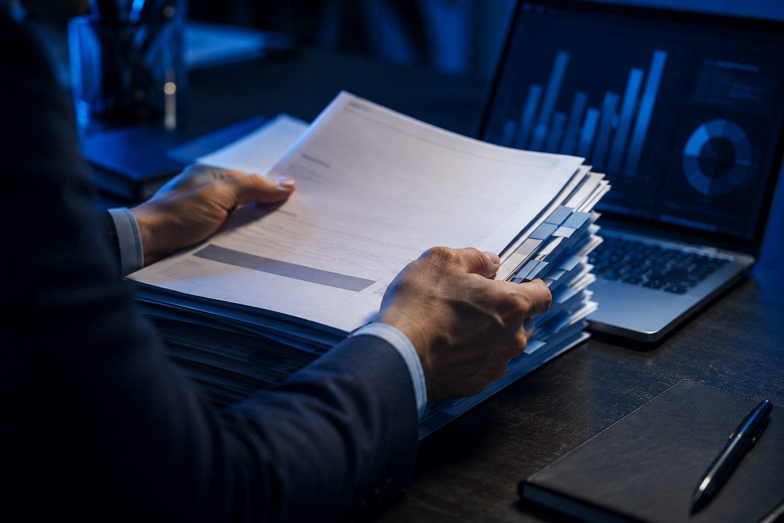 Consultant organizing a tabbed application dossier beside a laptop