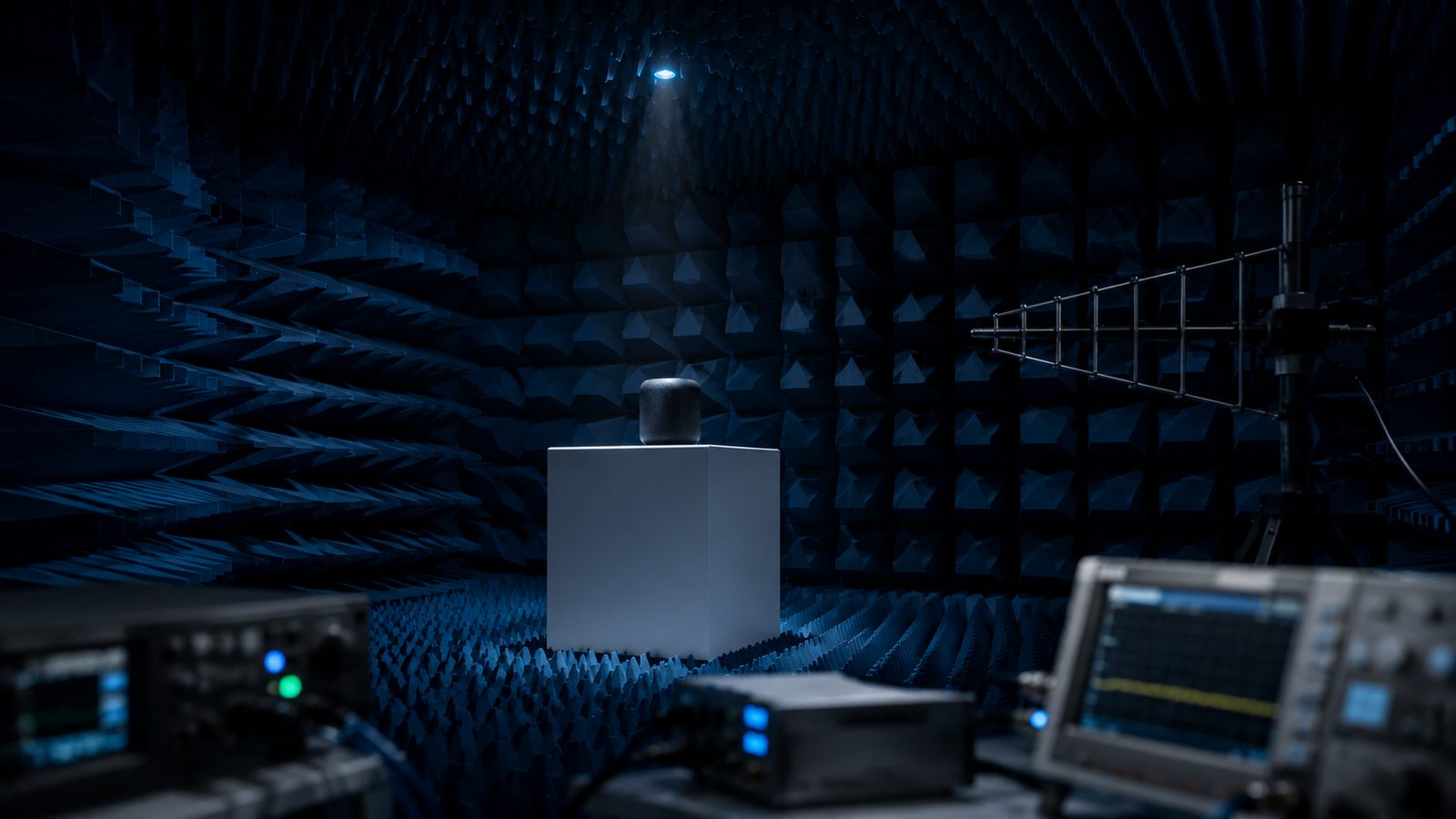 RF testing chamber with horn antenna and device under test - WPC ETA approval for wireless devices in India