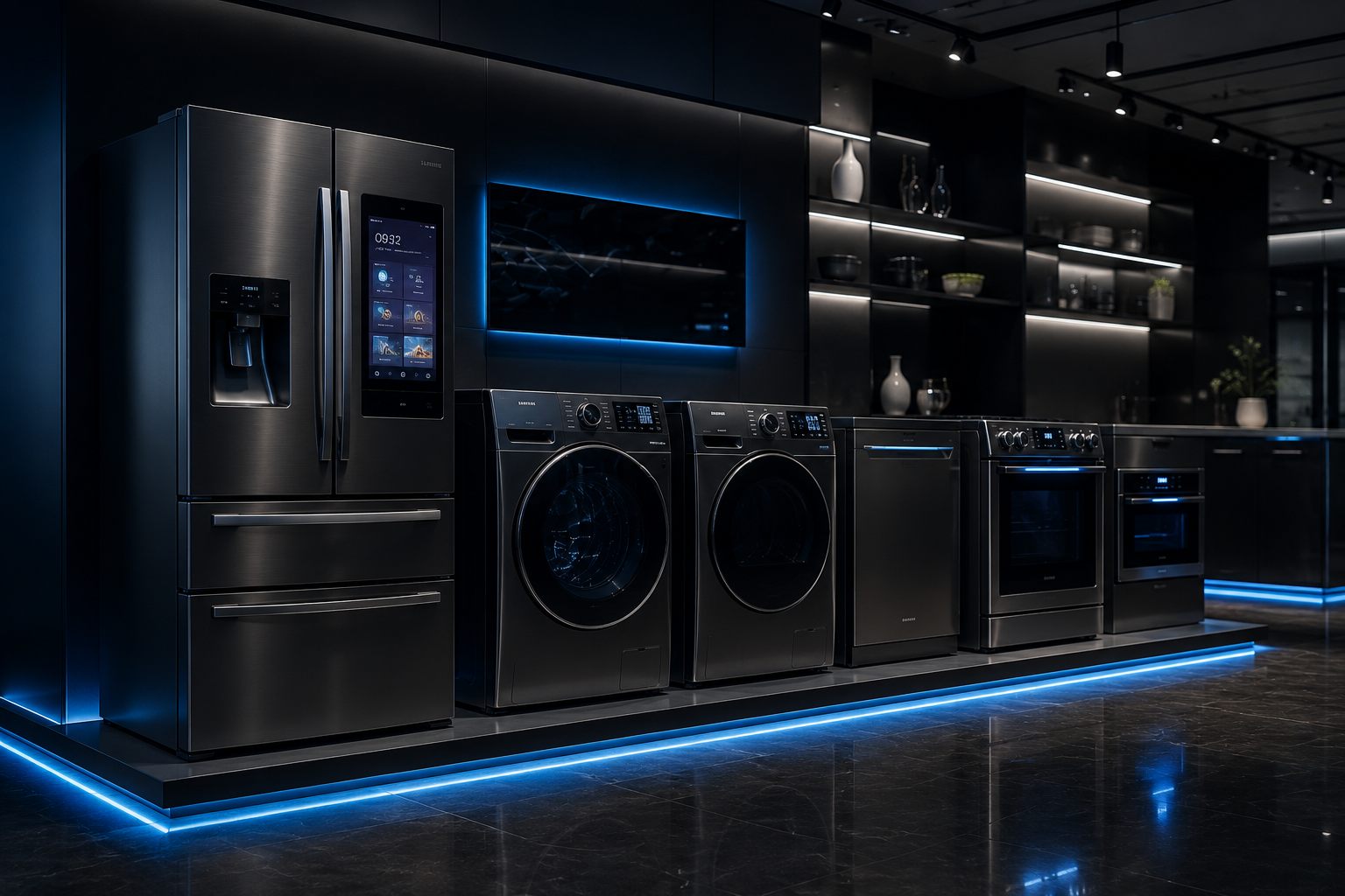Modern home appliances in a premium dark showroom - BIS and BEE certification for household appliances