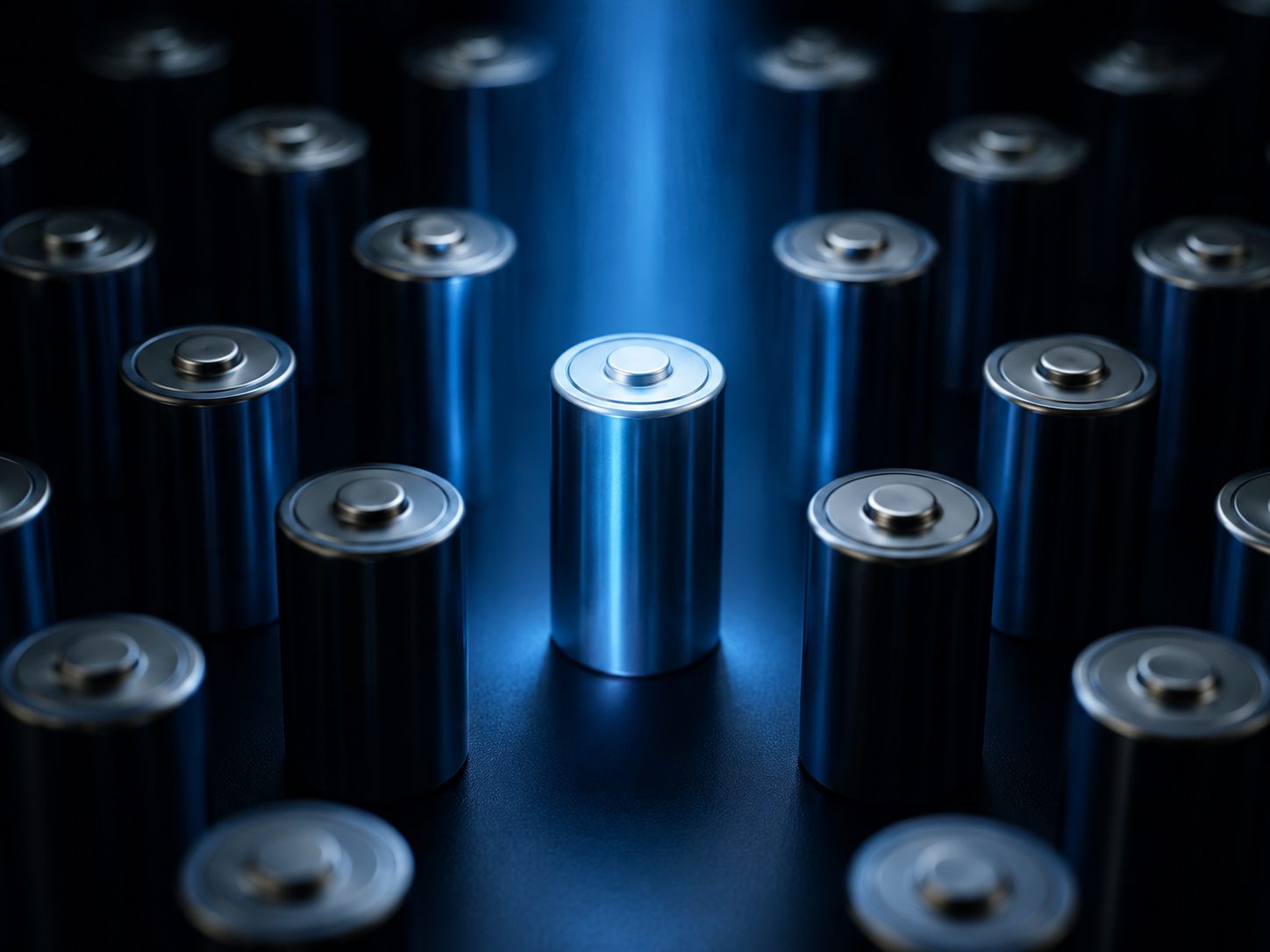 Lithium-ion battery cells with one highlighted by blue light - BIS CRS battery certification