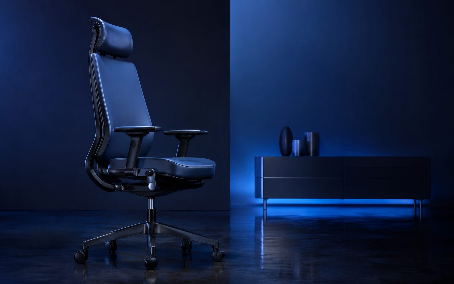 Premium office chair and storage cabinet in a dark showroom - BIS certification for furniture in India