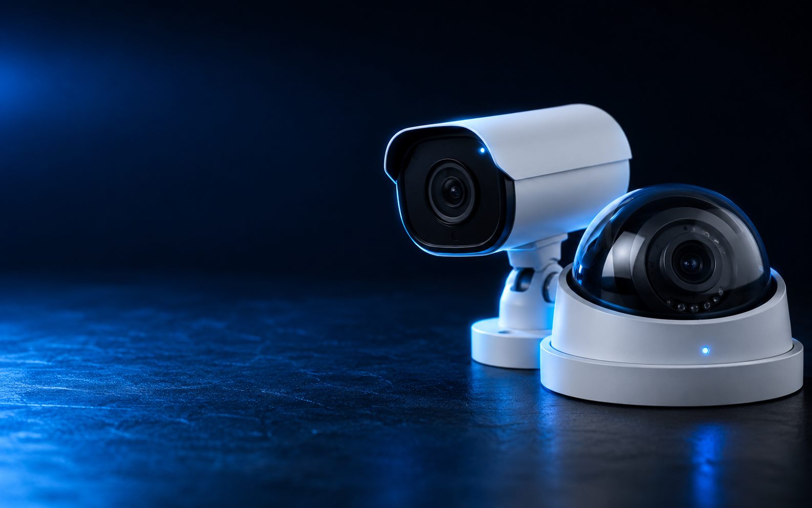 Dome and bullet CCTV security cameras with a glowing status LED - Essential Requirements compliance in India