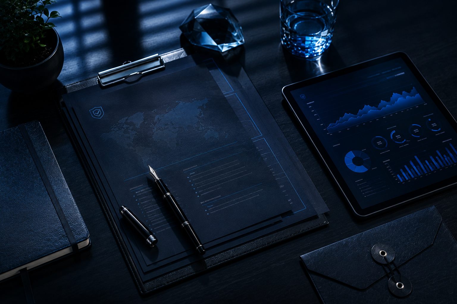 Technical compliance documents and a tablet on a consultant's desk - regulatory documentation prepared by Shasta Solutions