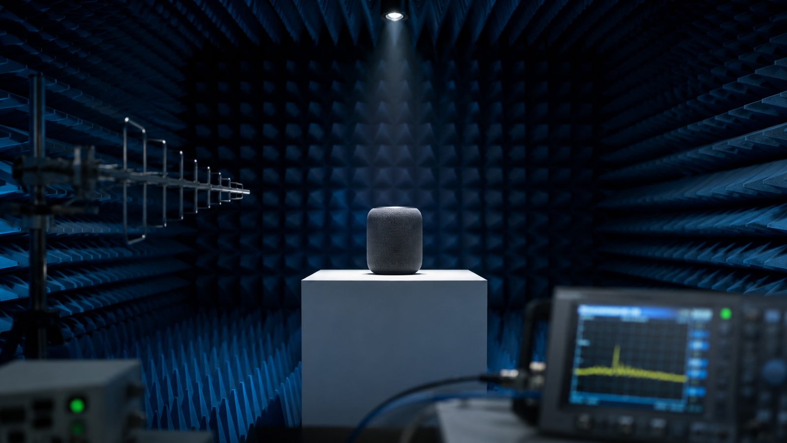 EMC anechoic testing chamber with a device under test on a spotlit pedestal - product testing for BIS and WPC approvals