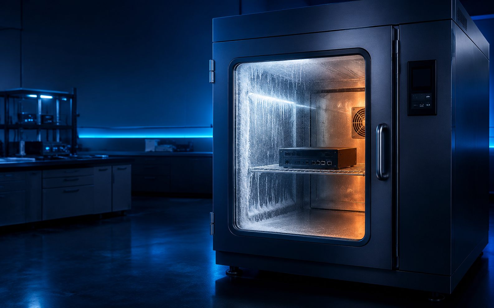 Climate test chamber with frost and heat zones around a device - environmental testing for Indian conditions