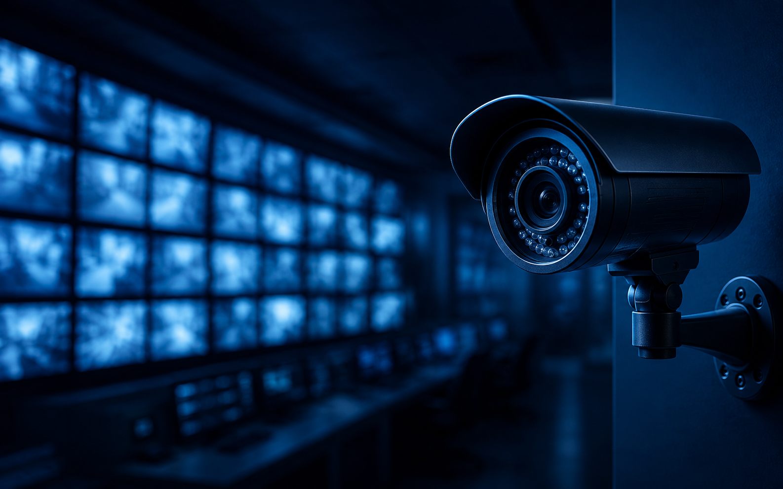 Security camera in focus before a wall of monitors