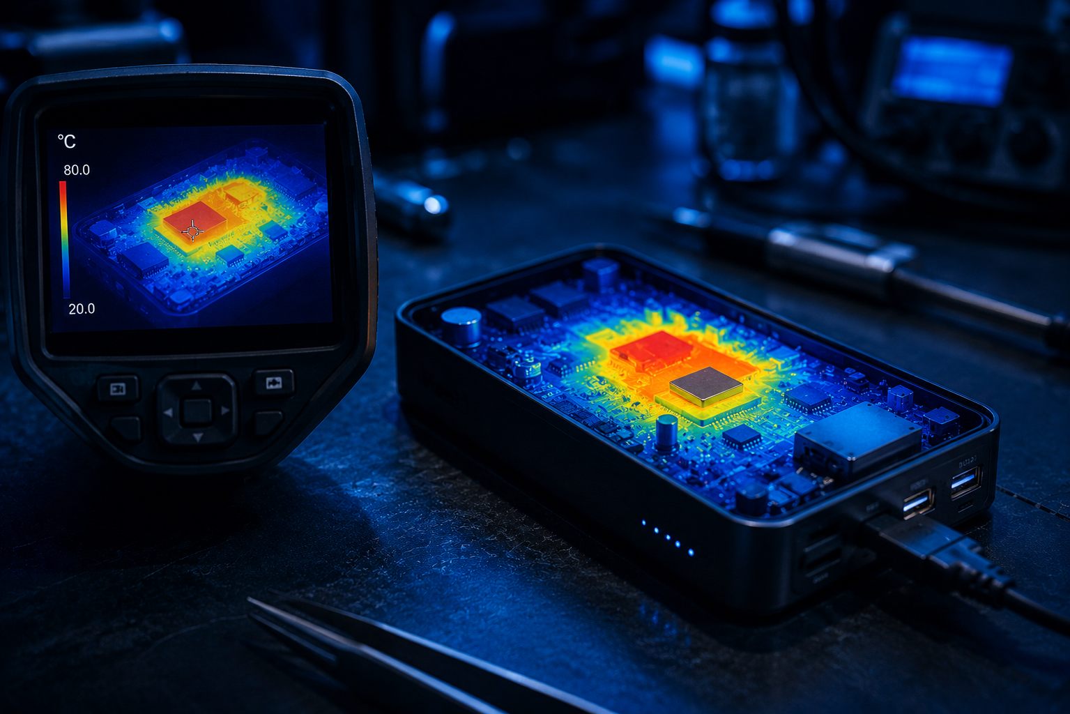 Thermal imaging revealing heat zones on an electronic device
