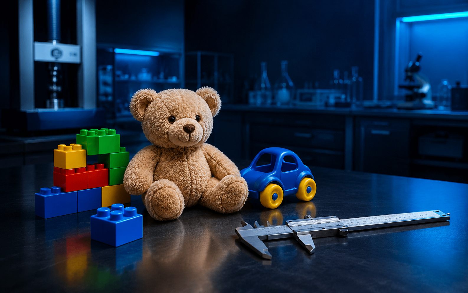 Toys beside measuring calipers on a laboratory table - toy safety testing for BIS compliance